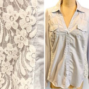 Lace Old West Victorian powder blue‎ button down shirt wide collar Fire LA